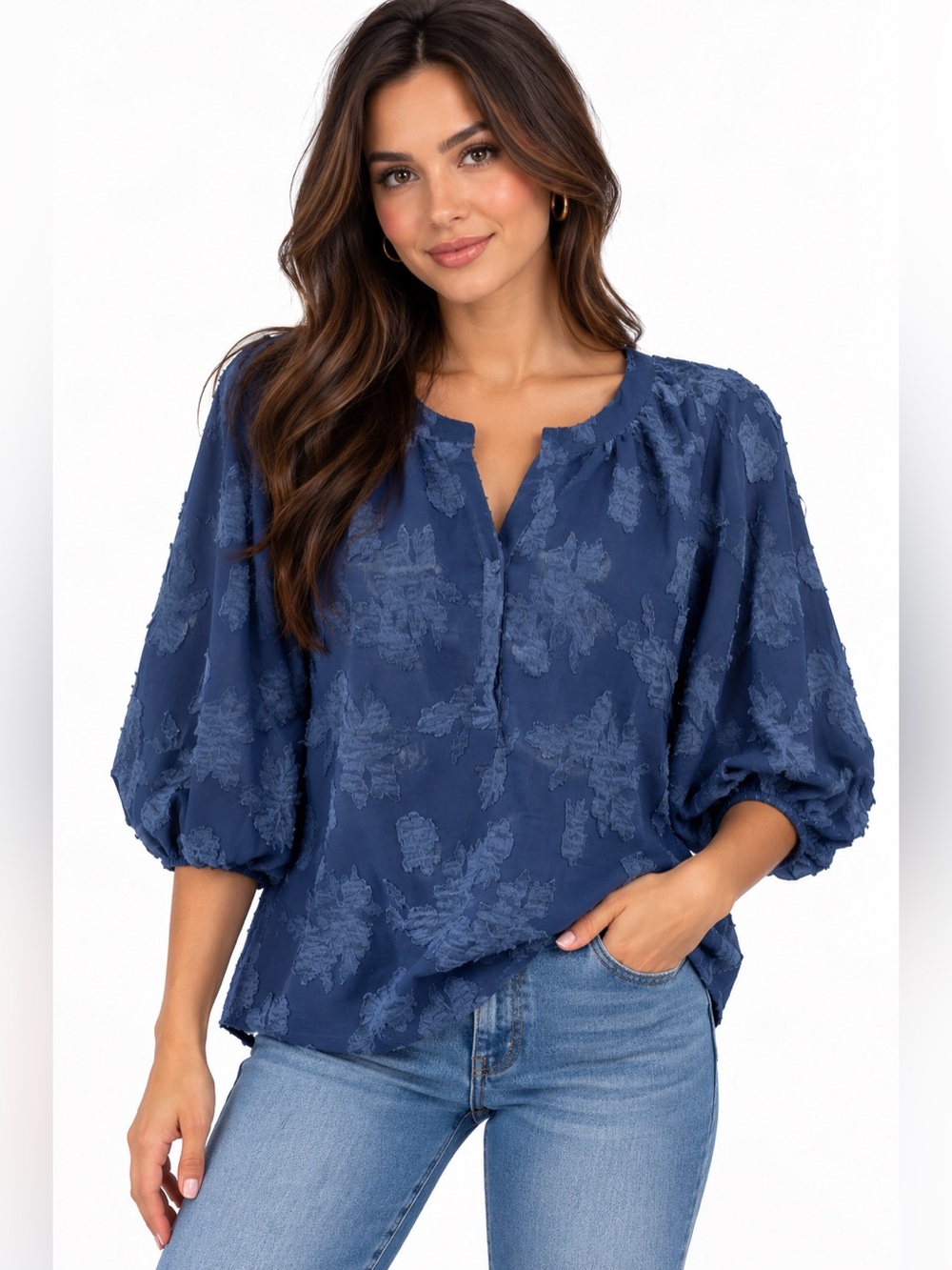 Umgee Indigo Floral Jacquard Puff-Sleeve Top